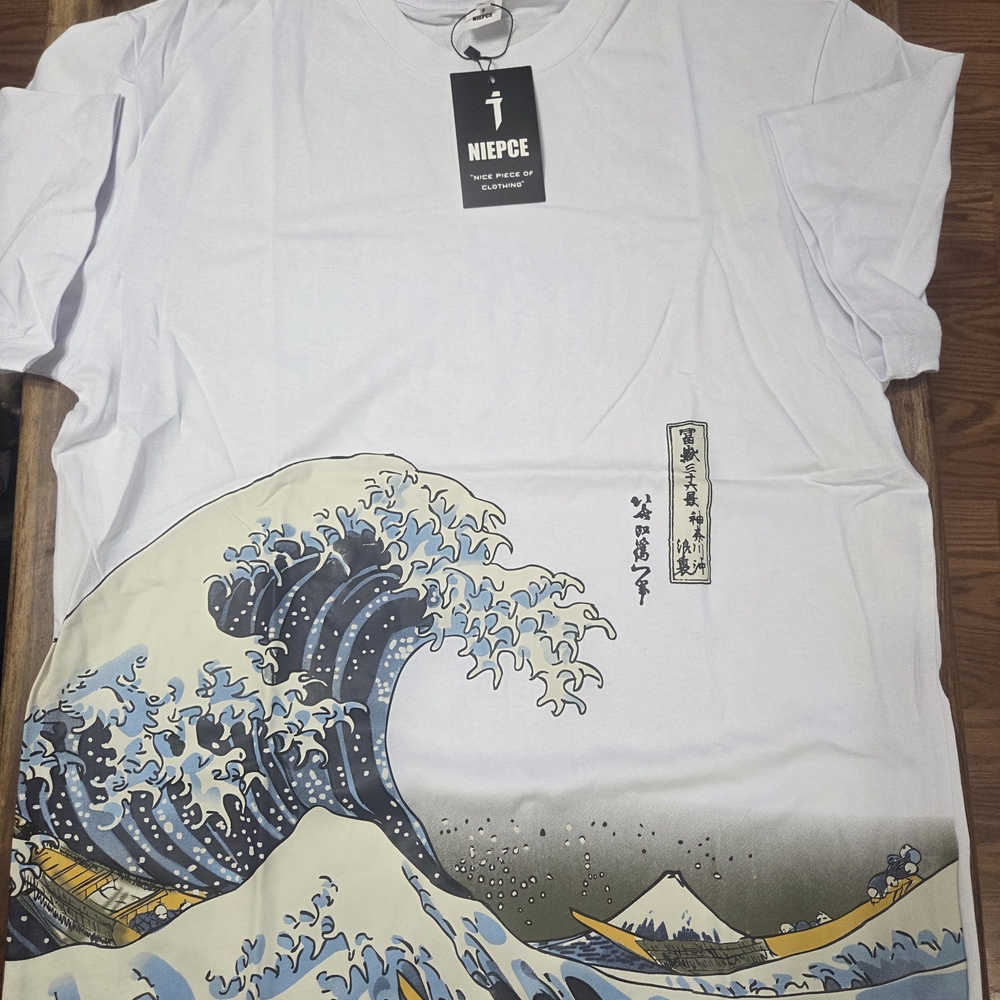 White Graphic Tee with Wave Art